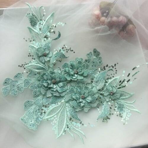 2 Pieces Green Heavy Bead Lace Applique With Rhinestones 3d Silk Flower Motif Lace Applique 10 colors
