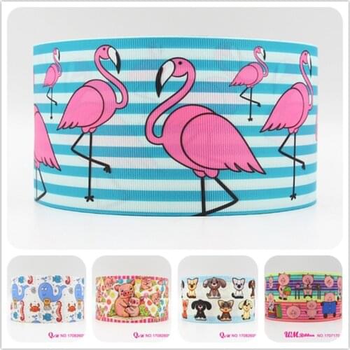 Q&N ribbon 16mm 22mm 25mm 38mm 50mm 75mm Flamingo Dog Printed Grosgrain Ribbon Webbing 50yards/roll For Hair Tie Free Shipping