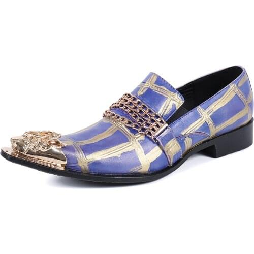 New Summer Casual Mens Classic Fashion Shoes Low-heeled Personality Pointed Toe Cowhide Leather Blue Chain Mens Shoes