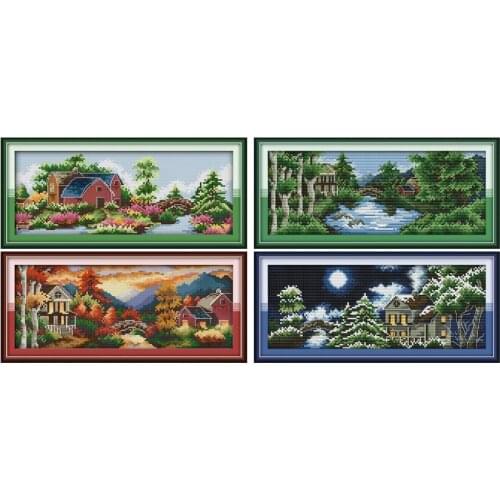 Castle seasons cross stitch kit flowers 14ct 18ct count canvas stitching embroidery DIY handmade needlework plus