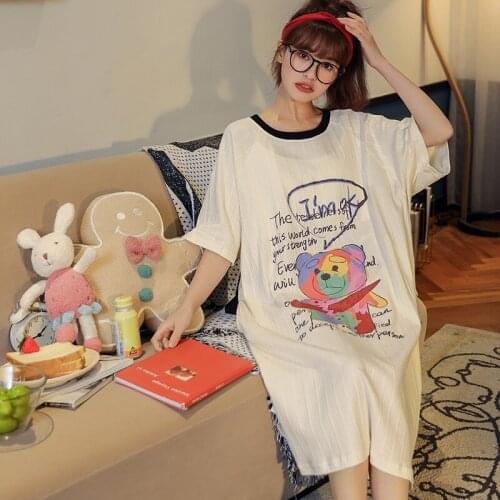 Womens Cotton Homedress Nightdress Half Sleeve Nightgowns Girls one-piece dress Sleepwear Loose Home Clothing Plus Size "M-4XL