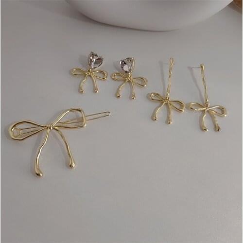 2021 New Korea Spring Fashion Romantic Golden Hollow Bow Knot Drop Earrings Pearl Clavicle Necklace for Women Party Jewellery