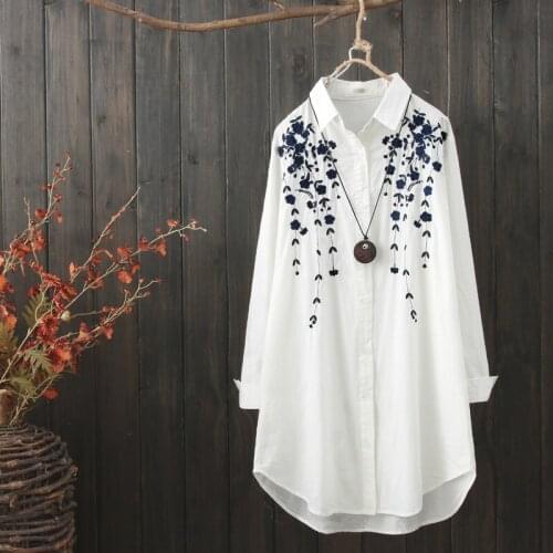 2020 Summer New Women Long Blouse And White Shirts Embroidery Flower Loose Lady Shirts Outwear Coat Tops