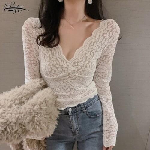 2020 Autumn Winter New Sexy Wave Shape V-neck Base Blouse Women Sweet Hollow Lace Slim All-match Expose Clavicle White Top 12255