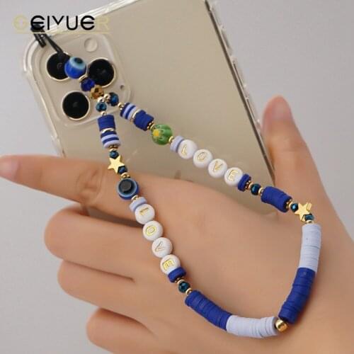 New Mobile Strap Phone Chain Polymer Clay Beaded 2021 LOVE Star Evil Eye Charm Heishi Telephone Jewelry AntiLost Lanyard Pendant