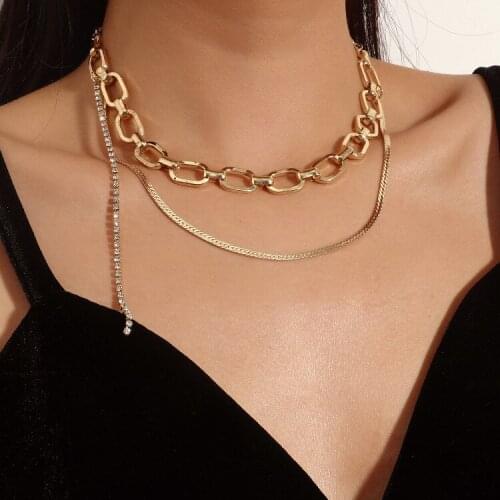 ORNAPEADIA Fashion Multi-layered Chain Necklace Crystal Womens Necklace Double Thickness Chain Jewelry Stainless Steel Goth