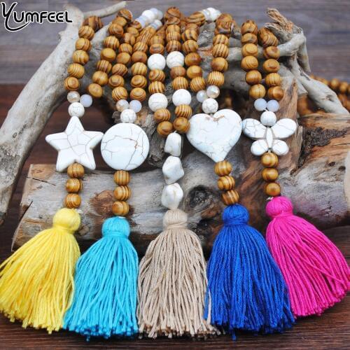 Yumfeel 8 Color Tassel Necklace Wood Bead Howlite Stone Nugget Round Disc Butterfly Star Heart Pendant Necklace Bohemian Jewelry