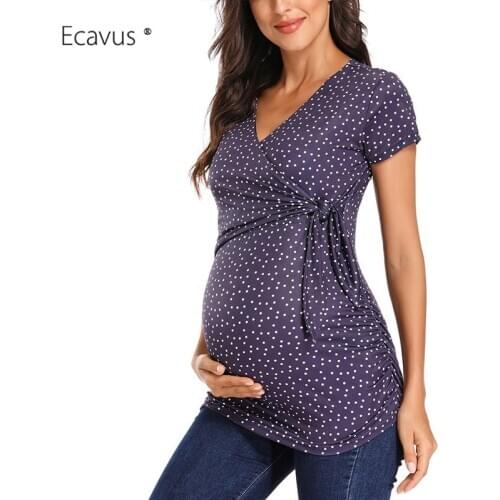 Maternity Shirt Short Sleeve Side Ruched Summer Tops with Side Tie Bow Casual Pregnancy Clothes Summer Loose Casual Top