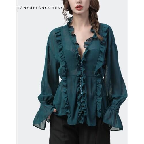 Plus Size Chiffon Shirt Women Long Flared Sleeve Ruffles Top 2020 Spring Summer New Ladies Casual Outwear Blouses With Bra Free