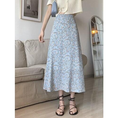 Vintage floral print chiffon long skirt womens stretch high waist blue pink bohemian midi skirt