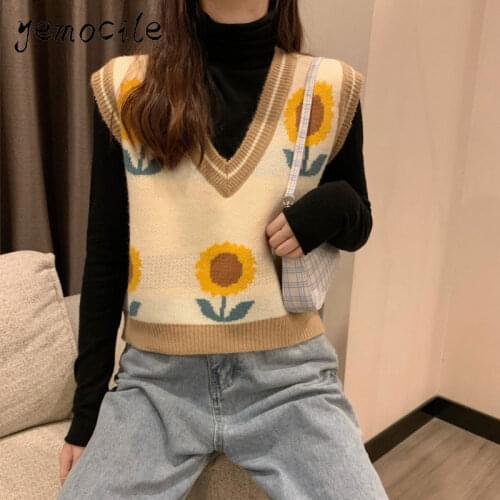 YEMOCILE Women 2020 Fashion sunflower Loose Knitted Vest Sweater V Neck Sleeveless Side Vents Female Waistcoat Chic Tops