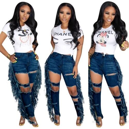Women casual jeans solid color washed distressed holes hollow out slim-fit jeans ladies fashion tassel denim pants pencil pants