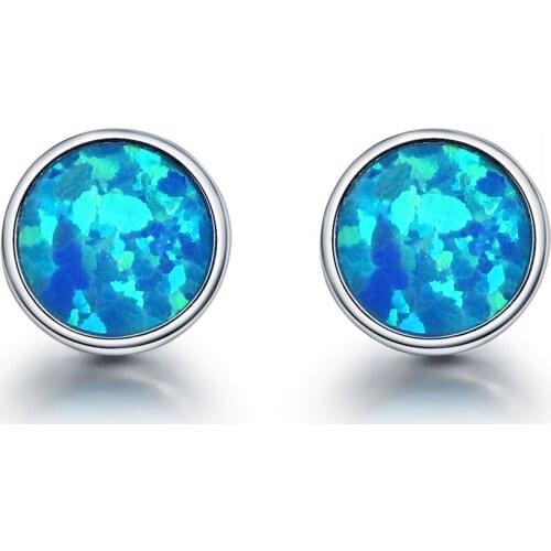 Genuine 925 Sterling Silver Minimalist Simple Round Blue Fire Opal Stone Unique Stud Earrings Women Jewelry Brinco
