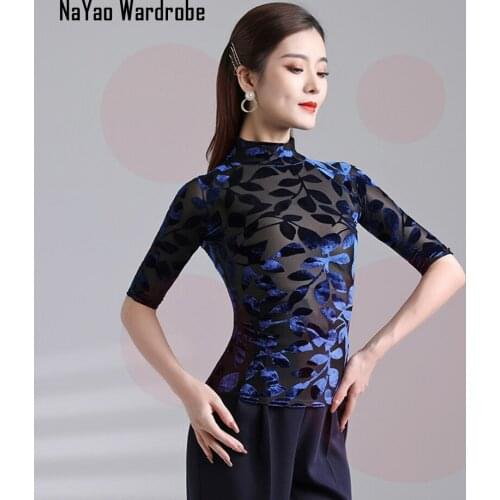 2021 New L2127A Women Latin Dance Tops Half Sleeve High Neck Latin Dancing Tops for Samba Tango Chacha Belly Performamnce
