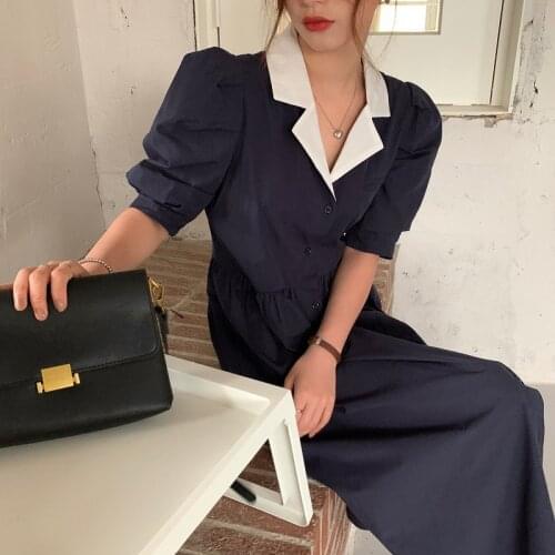 2021Summer Korean Retro Suit Flip Temperament Lapel Color Contrast Puff Sleeve Loose Single-Breasted Womens Long Dress Vestidos