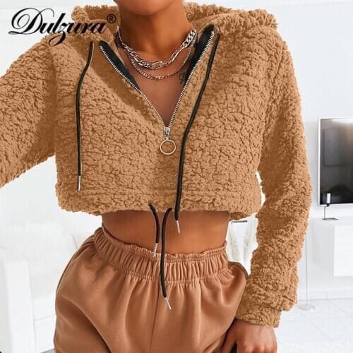 Dulzura Women Zipper Sweatshirt Pullover Hoodis Lambswool Teddy Crop Top Streetwear Casual Korean Clothes 2020 Autumn Winter