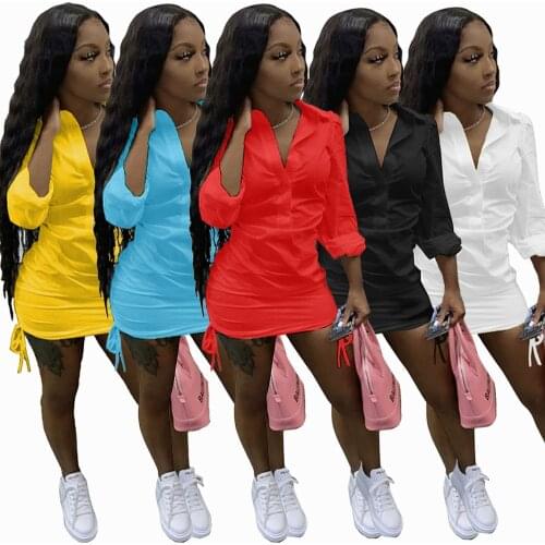 Casaul Women Shirt Dress Drawstring Solid Color Full Sleeve Turn Down Collar Streetwear Summer Clothes For Women Outfit
