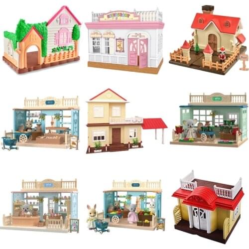 1/12 Forest Animal Family Wing Christmas House Ice Cream Bread Flower Fruit Shop Bunny Dollhouse Girl Play House Toy Gift
