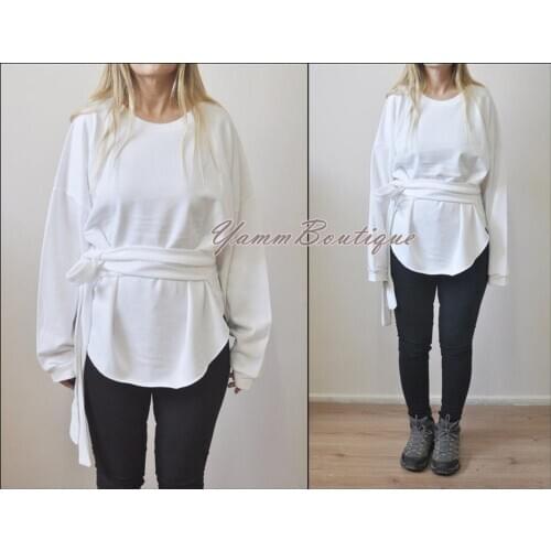 Asymmetric Knot Tie Around Waist Wrap Raw Oval Hem Sweatshirt in White / Overlong Sleeve Cut-out Accent