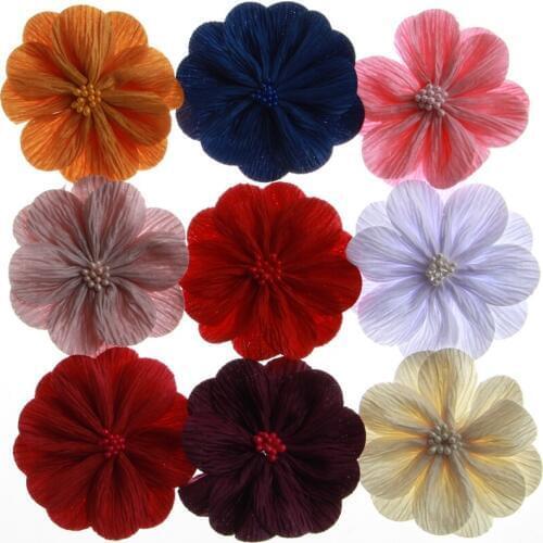120PCS 3.2" 8.2CM Newborn Satin Fabric Flowers With Match Stick Center End Do Old Wrinkles For Headband Hair Accessories