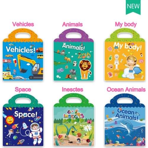 4Sets Chidren Stickers Book DIY Puzzle Toys Games Cartoon Organs Insects Zoo Ocean Animals Sticker Education Girl Boy Kids Gifts