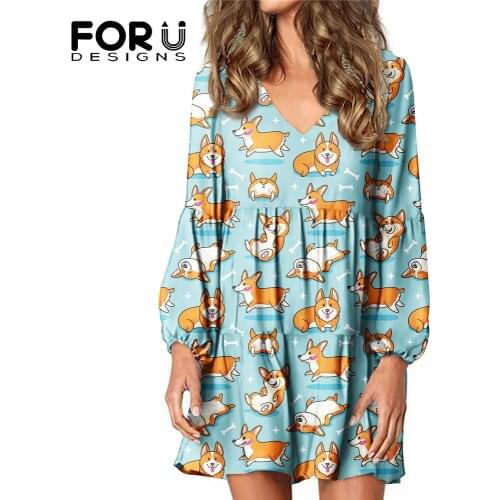 FORUDESIGNS Women’s Flowy Dress Cute Cartoon Corgi Pattern Summer Casual Long Sleeve V-Neck High Quality Daily Wear Skirt Ropa