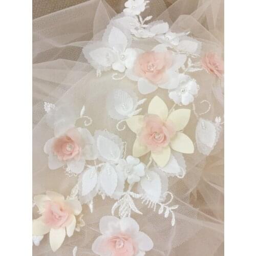 Exquisite 3D Handmade Beaded Flower Lace Applique in baby Pink Ivory Mix Color , Soft Tulle Bridal Hair Flower HeadPiece Garter