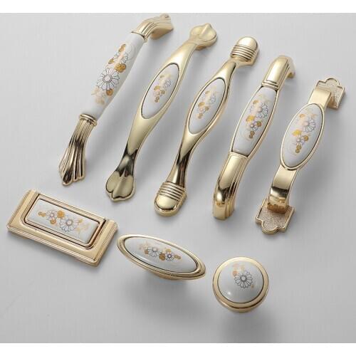 JD Drawer Furniture Handle Gold Ceramic European Modern Flower Zinc Alloy 96mm American Cabinet