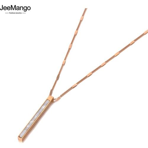 JeeMango Simple Design White Shell Long Strip Charm Pendant Necklace For Women Trendy Titanium Steel CZ Crystal Necklace JN20161