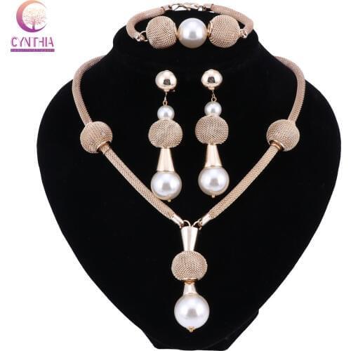 Gold Color Tassel Simulated Pearl Jewelry Sets Earrings Choker Pendants&Necklaces Bracelet Fine Jewelry Set 2 Colors