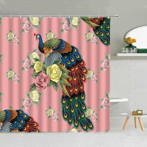 Chinese Peacocks Bird Feather Flower Pink Background Shower Curtain Rose Phoenix Colorful Bathroom Decor Waterproof Curtains