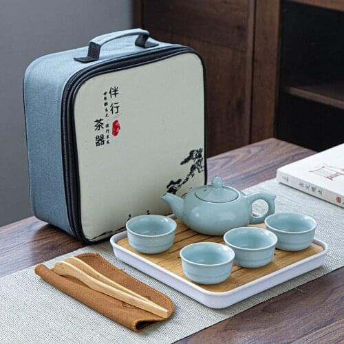 China Portable Ceramic Ding Kiln Ice Crack Travel Kung Fu Tea Set Kuai Ke Cup Storage Bag Company Event Gift Teaware Trays Tea