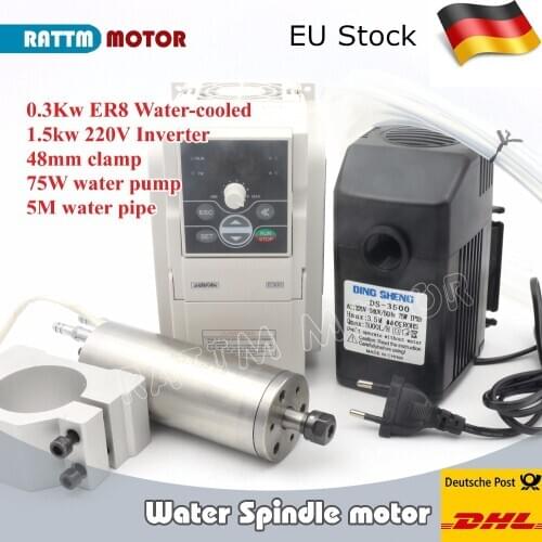 0.3KW / 300w CNC Water cooling spindle Kit ER8 75V 4.5A 60000rpm with 1.5kw Inverter VFD & 48mm Clamp & pump For Lathe Machine