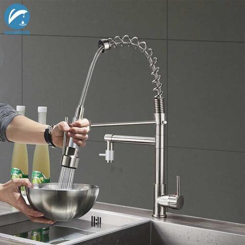 Brushed Nickel Kitchen Faucet Pull Down Spray Dual Function Water Flow Swivel Spout Single Handle Mixer Tap Kitchen Faucets