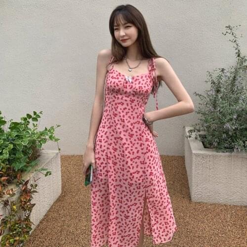 Fashion Summer Vintage Sexy Strap Sleeveless Midi Party Dress Ladies Elegant Streetwear Floral Print Split Beach Vacation Dress