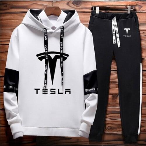 Mens hoodie and pants for Tesla car Logo Printing Spring Autumn Colorblock Cotton Mens Sweatshirt High Quality Men 2 piece set