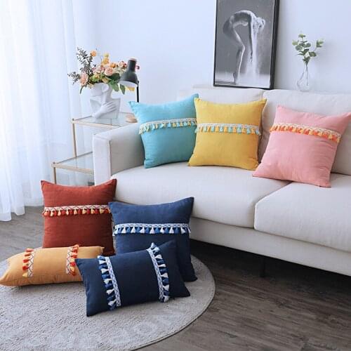1 Piece of Solid Color Plush Pillowcase 30x50cm / 45x45cm with Two-color Fringe Lace Ethnic Pillowcase Decorative Cover