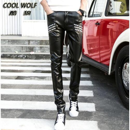 Autumn winter personality fashion plus velvet motorcycle faux leather pants mens feet pants pu trousers for men warm black
