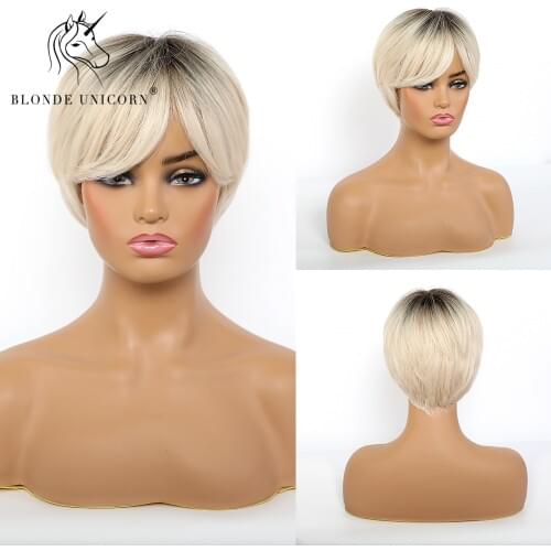 BLONDE UNICORN Short Synthetic Natural Straight Hair Wigs Dark Root Ombre White Blonde Wig For Women Daily Heat Resistant Fiber