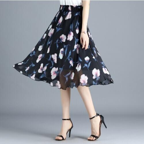 Versatile Chiffon Skirts For Ladies Girls Summer Midi Skirt Floral Print Vintage Fairy Cute Knee-Length Semi Skirts Soft Flowing