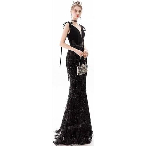 Velvet Sequins Mermaid Evening Dresses Spaghetti Strap Lace Sequined Black Burgundy Formal Long Prom Celebrity Gowns For Guests