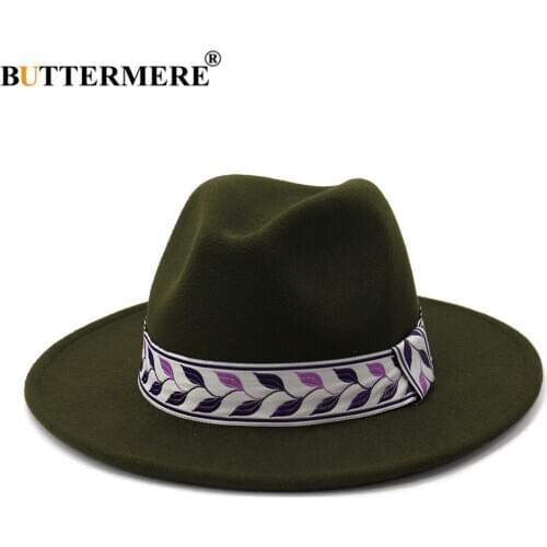 BUTTERMERE British Style Women Fedora Wide Brim Hat Wool Leaf Print Vintage Hats for Women Men Sombrero Army Green Felt Cap