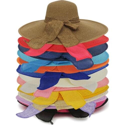 Women Broad Brim Beach Hat Bowknot Summer Sun Hat Foldable Straw Hat