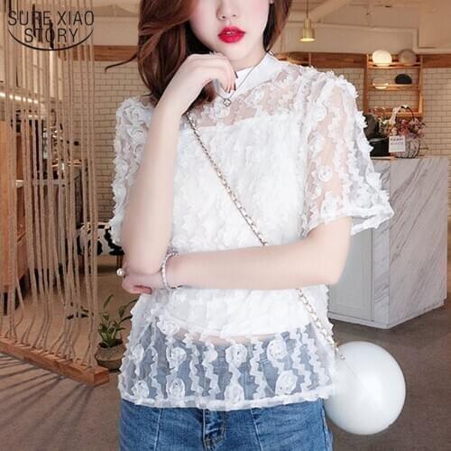 One Size Korean Style Vintage Mesh Blouse Women Floral Lace Hollow Out Mesh Top Solid Slim Short Sleeve Shirt Feminine 9257