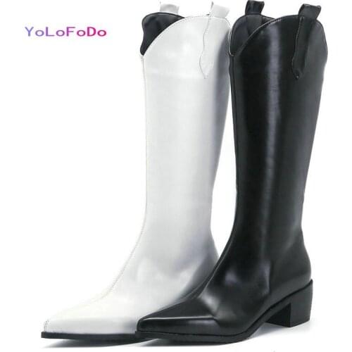 2021 Autumn Winter Women Knee High Boots Square Heel Pointed Toe Ladies Western Boots PU Leather Size Zipper Womens Boots