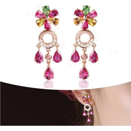 Sparkling Crystal Colorful Flower Earrings Women Jewelry Fashion Rose Gold Long Tassel Earrings 925 Silver Lady Accessories