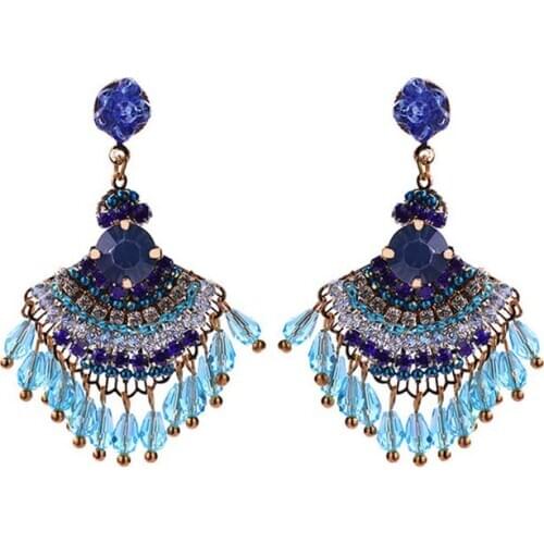 Vintage Handmade Colorful Crysatl Beaded Fan-shaped Drop Earrings For Women Bohemian Fashion Jewelry Christmas New Year Gift