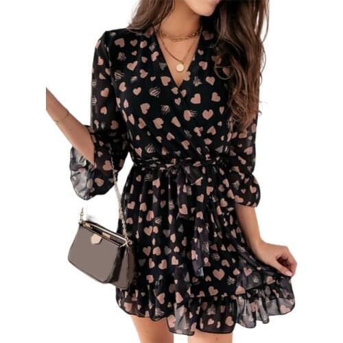 Dress V Neck Loose Female Women 3/4 Sleeve Ruffle Dress for Shopping платье летнее женское2021 Beach Sundress Robe Ropa Mujer