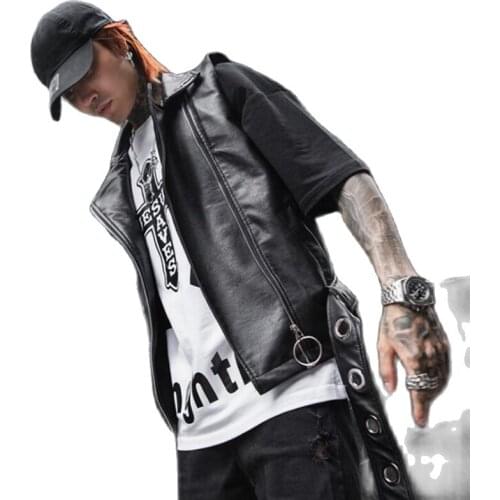 Men spring summer punk rock hip hop leather vest faux leather sleeveless jacket nightclub DJ singer stage costume motorcycle