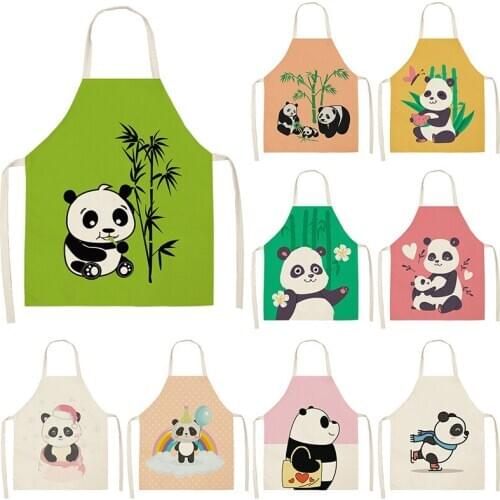 1Pcs Cute Panda Letter Kitchen Aprons For Women Cotton Linen Bibs Household Cleaning Pinafore Home Cooking Apron 53*65cm WQL0198
